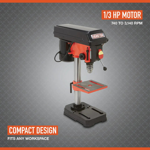 Front view of Benchtop Drill Press With Five Speed And Eight Inch Swing Half Inch Chuck Two Inch Vertical Stroke Depth Lock Ball Knob One Third HP Power Large Work Table For Precise Hole Drilling