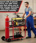 Heavy Duty Two Tier Welder Cart For TIG Arc MMA Plasma Cutters Up To 440 Lbs With Tank Safety Chains Classic Style 39 By 18 By 43 Inches Black And Red Plus Removable Tool Tray And Workhorse Durable Steel Frame For Your Shop Or Pro Garage