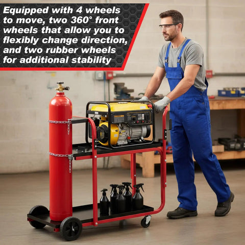 Heavy Duty Two Tier Welder Cart For TIG Arc MMA Plasma Cutters Up To 440 Lbs With Tank Safety Chains Classic Style 39 By 18 By 43 Inches Black And Red Plus Removable Tool Tray And Workhorse Durable Steel Frame For Your Shop Or Pro Garage