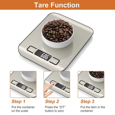 Must Have Digital Kitchen Scale With 11 Lb Capacity, 6 Measurement Units in use showing tare function with coffee beans in bowl
