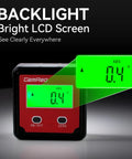 Digital Angle Gauge DAG V1 With Backlit Display showing a 0.4-degree reading on bright green LCD screen for precise measuring.