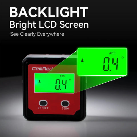 Digital Angle Gauge DAG V1 With Backlit Display showing a 0.4-degree reading on bright green LCD screen for precise measuring.