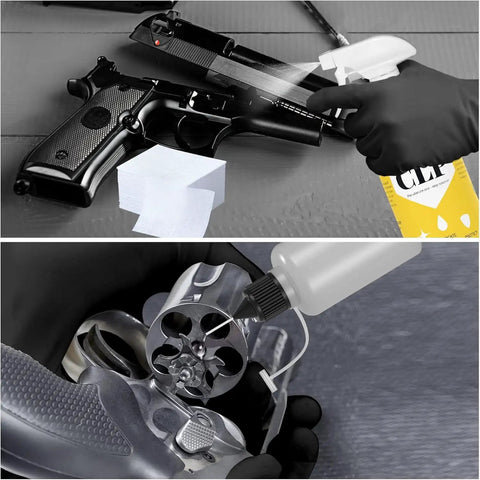 3-In-1 Gun Oil CLP Kit With 16 Oz Mist Spray And 1 Oz Needle Oiler, Odorless Safe Lubricant Cleaner That Polishes, Protects Against Wear, Reduces Friction, And Keeps Your Gear Ready For Range Day. Spray cleaning firearm and revolver