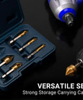 Six Piece Countersink Drill Bit Set With M35 Cobalt HSS in storage case with hex shank, showing five flutes for metal and wood use.