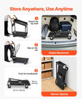 Heavy Duty 2 Tier Foldable Platform Hand Truck With 700 Lb Capacity For Warehouse Garage Workshop Or Office Use, High Strength Steel Frame, Rugged Yet Portable Workhorse Utility Cart shown folded and in use for storage.