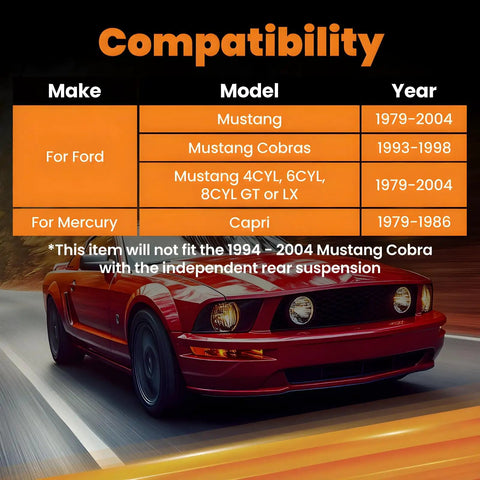 Ford Mustang Rear Upper And Lower Tubular Control Arm Kit With Hardware For 1979 2004 Camber Arms Beefed Up Performance Suspension Upgrade For Street Track Use Today compatibility chart for Mustang and Capri models