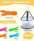 Product size details for Solid Forty Eight Pc Heavy Duty Plastic Clothespins Set With Assorted Vibrant Hues Includes Sweet Mesh Storage Pouch.