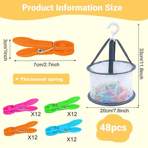 Product size details for Solid Forty Eight Pc Heavy Duty Plastic Clothespins Set With Assorted Vibrant Hues Includes Sweet Mesh Storage Pouch.