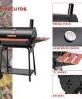 30 Barrel Charcoal Grill With Wood Painted Side Front Table And 627 Sq In Cooking Space, features smoke stack, gauge, hooks
