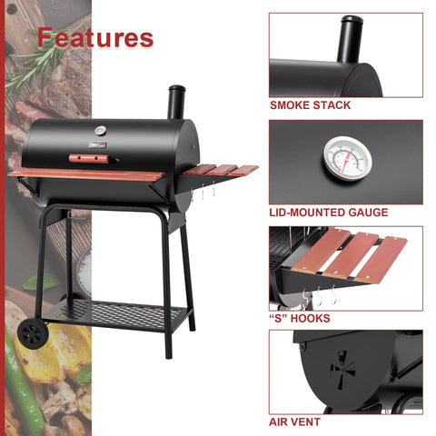 30 Barrel Charcoal Grill With Wood Painted Side Front Table And 627 Sq In Cooking Space, features smoke stack, gauge, hooks