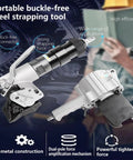 Heavy Duty Pneumatic Steel Strapping Machine Built Tough For Tight Buckles And Seamless Sealing Fits 19 25 32 Mm Straps close-up of portable steel strapping tool.