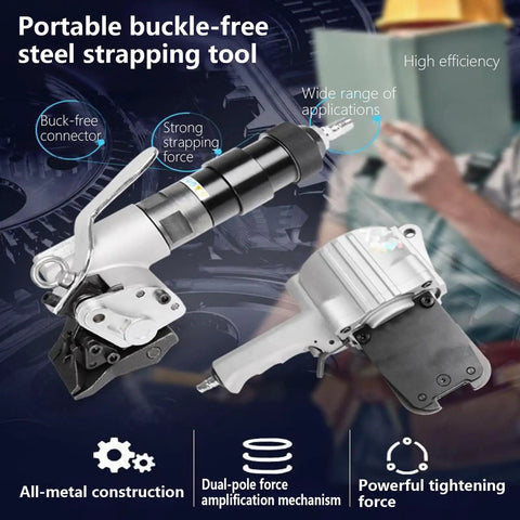 Heavy Duty Pneumatic Steel Strapping Machine Built Tough For Tight Buckles And Seamless Sealing Fits 19 25 32 Mm Straps close-up of portable steel strapping tool.