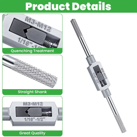 Adjustable Tap Wrench Handle for 3mm to 12mm tap sizes, 7.6 inch length, durable metal tool with beefy ergonomic grip featured