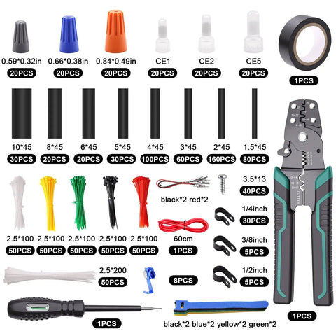 All In One Pro Grade 1180 Piece Wire Connectors And Terminal Kit with tools and accessories displayed, includes wire cutter.
