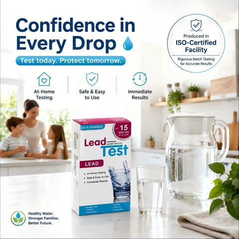 Straight Up Lead Water Test Kit For Tap And Well Water To Check Your Home And Protect Your Fam With 5 Parts Per Billion Detection Sensitivity So You Know What Ya Drinking Is Safe At Home All Year Round on kitchen counter with family.