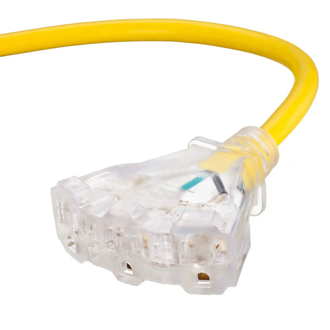 Close-up of a Heavy Duty Outdoor Extension Cord With Multiple Outlets, 12 Gauge 3 Prong SJTW plug detail, 50 ft length.