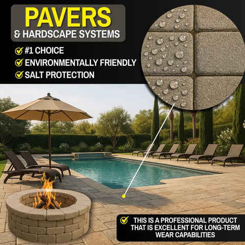 Pavers and hardscape systems showcased outdoors with a fire pit and pool, highlighting heavy duty water based acrylic concrete sealer.