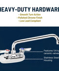 Heavy Duty Wall Mount Kitchen Faucet With A 10 Inch Swing Spout And 4 Inch Center Mount, 1/2 Inch NPS Inlets, Chrome Finish, NSF Certified
