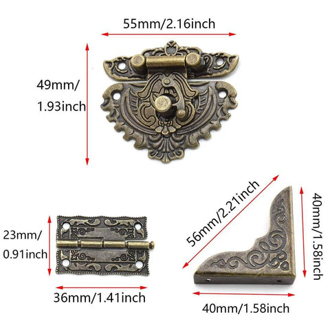 Antique Engraved Latch Hasp Hinges And Box Corner Protectors Hardware Kit with sizes shown, vintage bronze finish, corrosion resistant zinc alloy