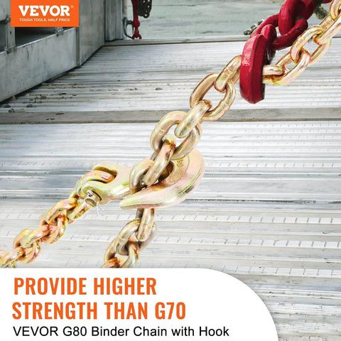 Three Eighth Inch 20 Ft G80 Transport Tow Chain With Grab Hooks 7100 Lbs Working Load Limit shown with red hook