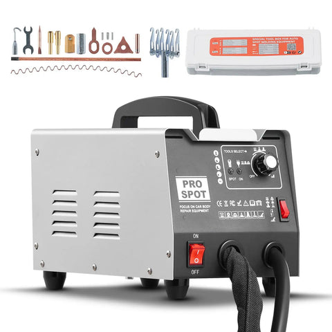 Stud Welder Dent Repair Kit With 110V Auto Body Spot Welding Dent Puller showing control panel and included accessories.
