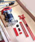 Pro Grade Aluminum Milling Base Fixture With Red Groove Quick Disassembly Jig, router trimmer base on wood board with rulers