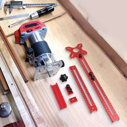 Pro Grade Aluminum Milling Base Fixture With Red Groove Quick Disassembly Jig, router trimmer base on wood board with rulers