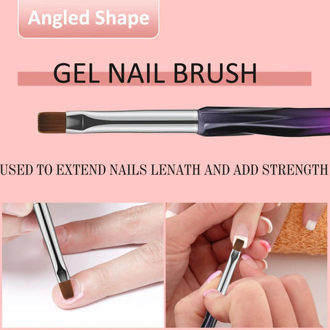 3 Piece Nail Art Clean Up Brush Set With Flat, Oval, And Fine Angled Heads shown in use on fingernails for precise cleanup