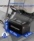 Badass 36V 100Ah Lithium Golf Cart Battery With Smart Bluetooth App Tracking And Rock Hard 200A Bms Lcd Screen Durable Steel Case 6000 Cycles Includes 25A Fast Charger, compact size suitable for most 36V golf carts, dimensions 17.7x10.4x9.4 inches.
