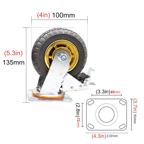 Heavy Duty Rubber Swivel Casters With Zero Drag Brakes Dang Smooth Rolling Industrial Platform Wheels, 100mm diameter with sealed ball bearing.
