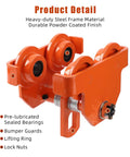 Beefy Heavy Duty Manual Trolley For I-Beam Hoist 4400 LBS Capacity, orange steel construction, dual wheels, powder-coated finish.