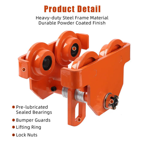 Beefy Heavy Duty Manual Trolley For I-Beam Hoist 4400 LBS Capacity, orange steel construction, dual wheels, powder-coated finish.