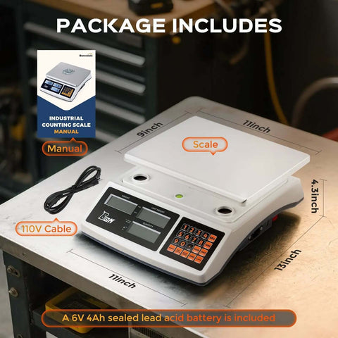 30Kg Digital Counting Scale With 0.1g Precision, Battery Powered industrial scale on a table, manual and cable included