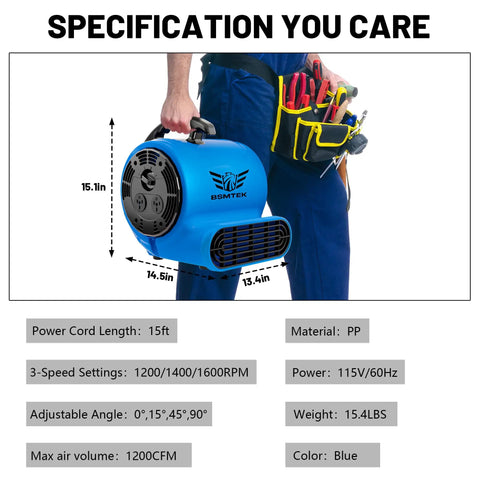 Person holding Beast Heavy Duty Industrial Air Mover Blower Fan One Third HP 1200 CFM for fast carpet and floor drying, labeled specs