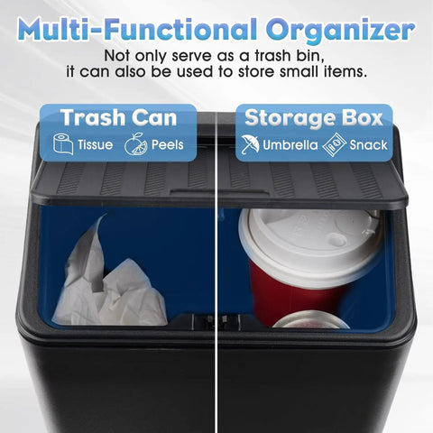 Tesla Model Y Juniper Rear Trash Can With Press Open Design showing dual compartments for trash and storage in black color.