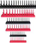 Six Piece Socket Organizer Set For 1/4 3/8 And 1/2 Inch Drives SAE And Metric Tray Holders in black and red on display