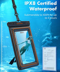 Floating Waterproof Phone Pouch 2 Pack IPX8 Dry Bag Case showing underwater with swimmer and depth markers