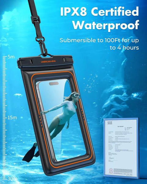 Floating Waterproof Phone Pouch 2 Pack IPX8 Dry Bag Case showing underwater with swimmer and depth markers