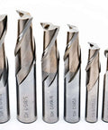 End mill set front view, LLDSIMEX HSS 20-piece two- and four-flute with plastic case, sizes 3/16–3/4 in