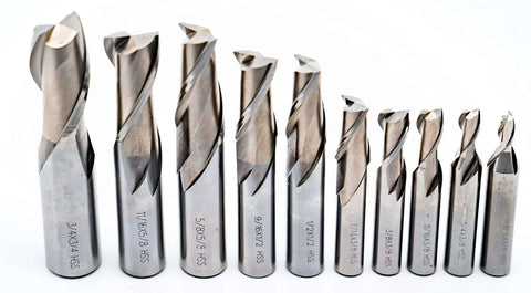 End mill set front view, LLDSIMEX HSS 20-piece two- and four-flute with plastic case, sizes 3/16–3/4 in