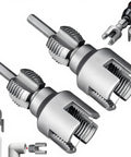 Heavy Duty Electric PVC Pipe Threader Tool 1/2 And 3/4 Inch Threading Dies with dual steel cutter heads for plumbing use.