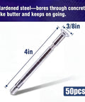 50 Pack Heavy Duty 3/8 X 4 Inch Flat Head Sleeve Anchors For Flush Mounting Sliding Tracks Sills And Frames In Concrete With Smooth Finish, showing dimensions and steel material.