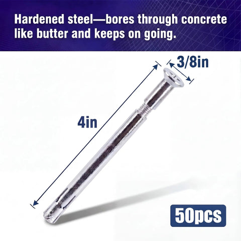 50 Pack Heavy Duty 3/8 X 4 Inch Flat Head Sleeve Anchors For Flush Mounting Sliding Tracks Sills And Frames In Concrete With Smooth Finish, showing dimensions and steel material.