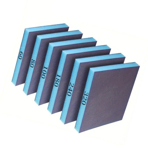 Top Shelf Workhorse Sanding Sponge Set Six Piece Kit With 60 To 320 Grit Double Sided Blocks Wet Dry Use On Wood Metal Auto Body Smooth Out Scratches And Blemishes Daily, showing sponges with varying grit. 