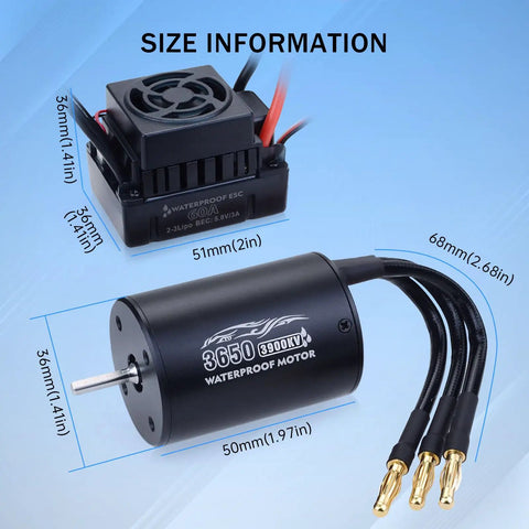 Image showing dimensions of Waterproof Brushless Motor And ESC Combo For 2S LiPo, featuring 3650 3900KV motor and 60A ESC.