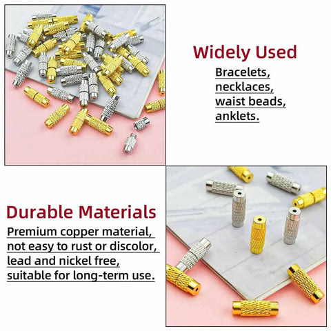 50 Pcs Brass Screw Twist Clasps For Jewelry Making Kit in white and gold, shows widely used for bracelets and durable material note.