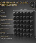 Acoustic Panels 50 Pack 2x12x12 No Drill Required Pyramid Foam For Walls And Home Studio Noise Reduction Echo Control Kit Specs