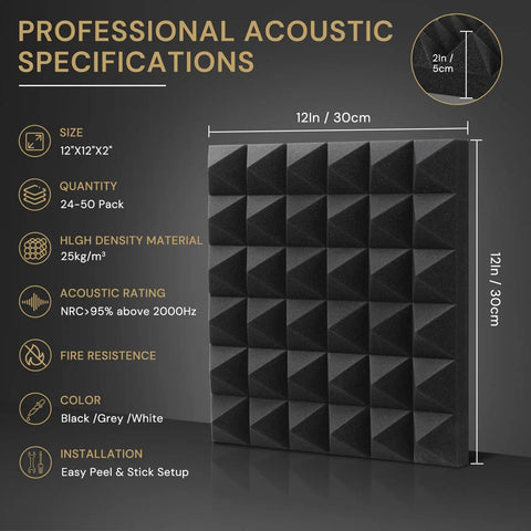Acoustic Panels 50 Pack 2x12x12 No Drill Required Pyramid Foam For Walls And Home Studio Noise Reduction Echo Control Kit Specs