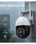 Built Tough 5MP PtZ Outdoor Security Camera Features Rock Solid IP66 Weatherproof Build, mounted on wall with rain.