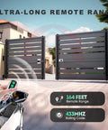 Three Pack M12 Gate Opener Remote For Swing Sliding Gates With Four Button Controls And Industrial Grade Chip 433.92MHz Compatible With Aleko Lockmaster Carsa And More 5 Year Warranty shown from a distance opening a gate